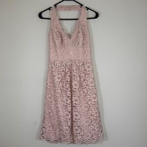 David's Bridal Pink Sleeveless Halter V-Neck Lace Knee Length Party Dress Size 4